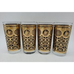 Set 4 Libbey Prudential Rock Gibraltar Highball Glasses Black Gold 22K Trim 12oz